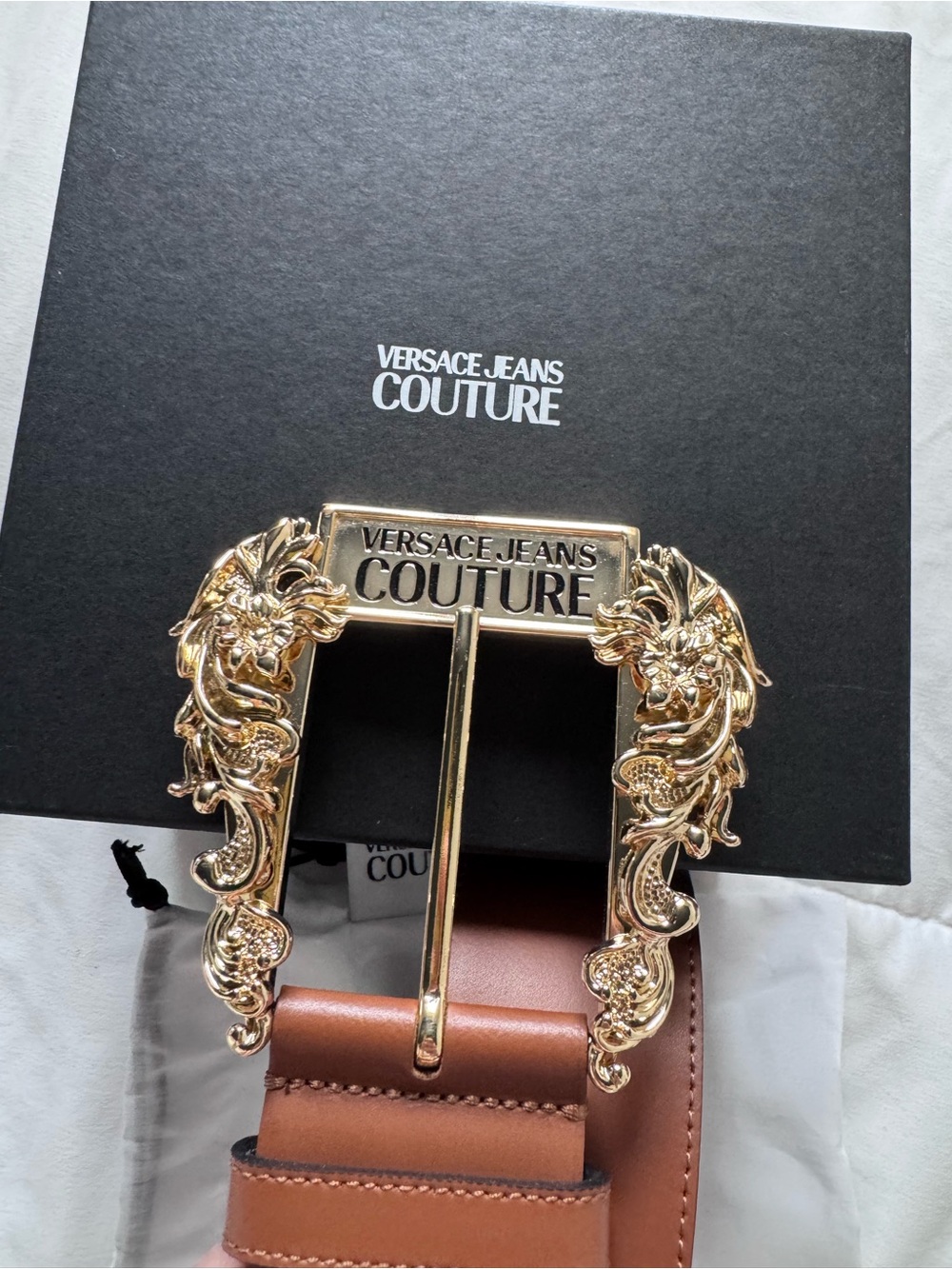 Versace Jeans Couture Brown Leather Belt with Ornate Gold Buckle